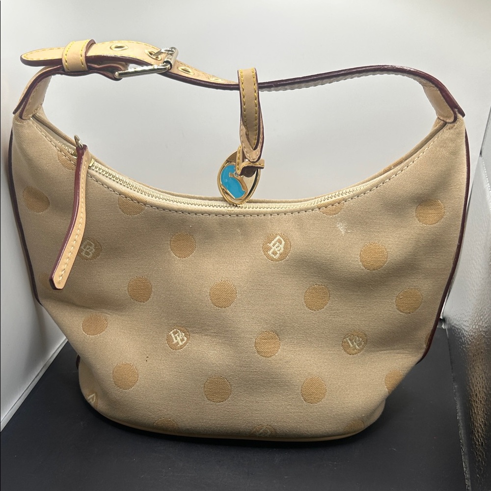 Dooney & Bourke Beige Polka Dot Shoulder Bag with Leather Trim
